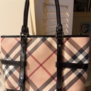 Burberry Tan & Black Patent Leather Nova Check Coated Canvas Tote
